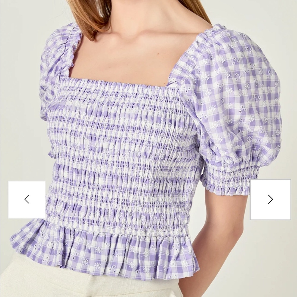 English Factory Square Neck Purple Gingham Smocked Short Sleeve Blouse Medium